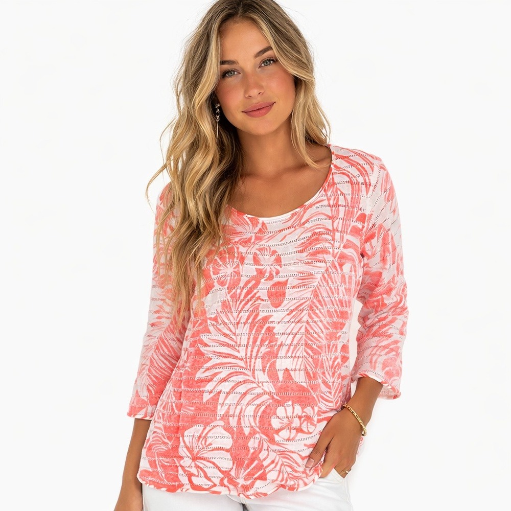 Tommy Bahama Pima Cotton Coral Tropical Knit Top Beachy Resort Coastal S/P